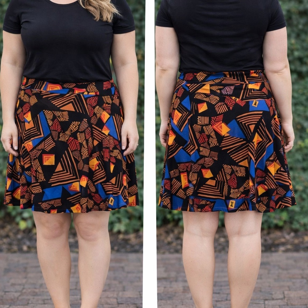 LuLaRoe A-Line Skirt - Black, Orange, Blue Geometric 2XL waist 32in length 27in